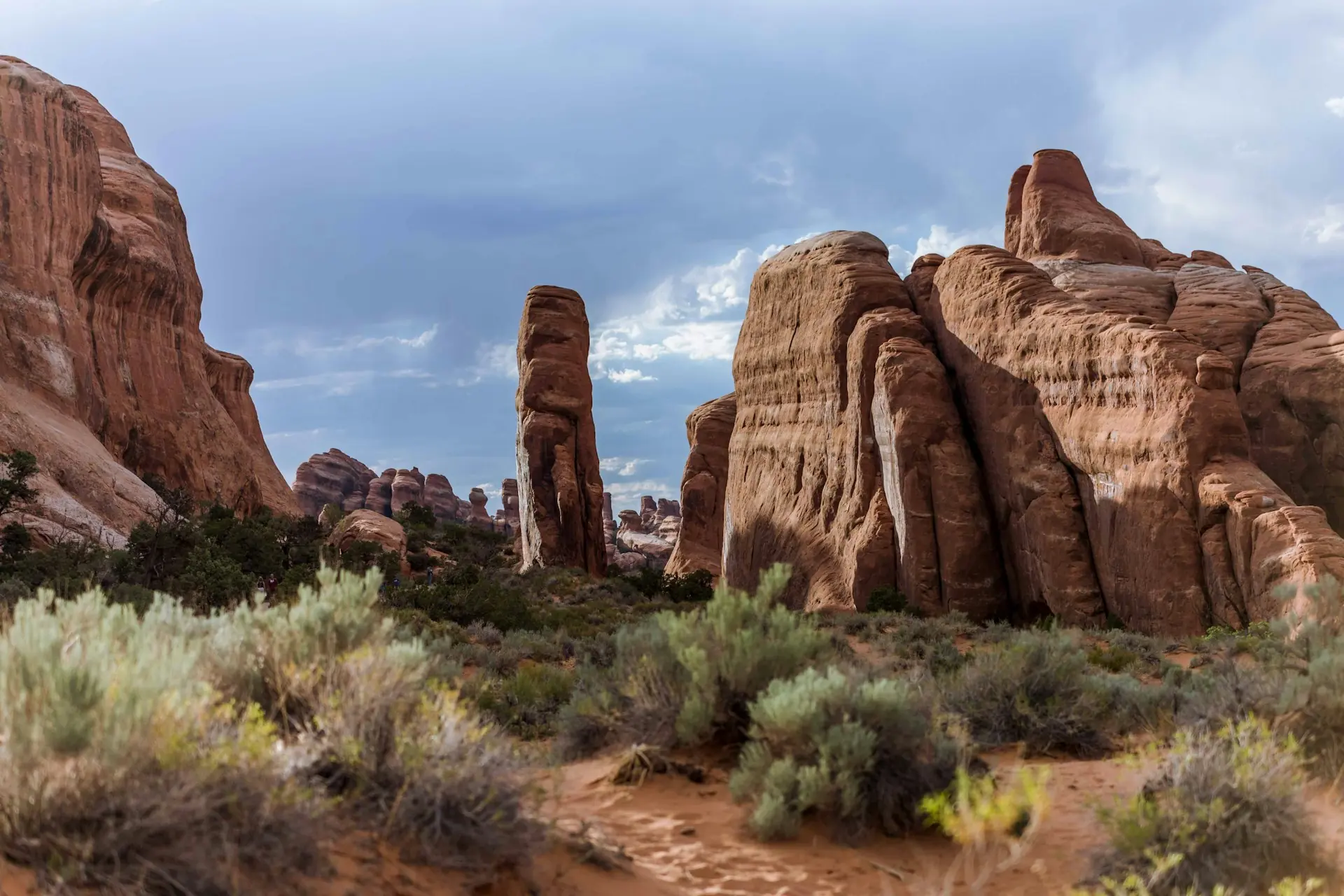 Kliffen van rood zandsteen en saliestruiken in het Arches National Park, Utah — Freedom Preparatory Academy