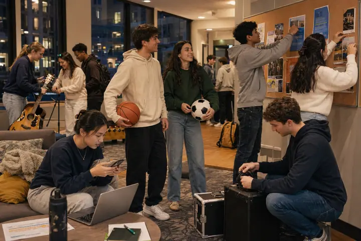 Studentenleven in een residentie en gemeenschappelijke campusruimtes in Noord-Amerika