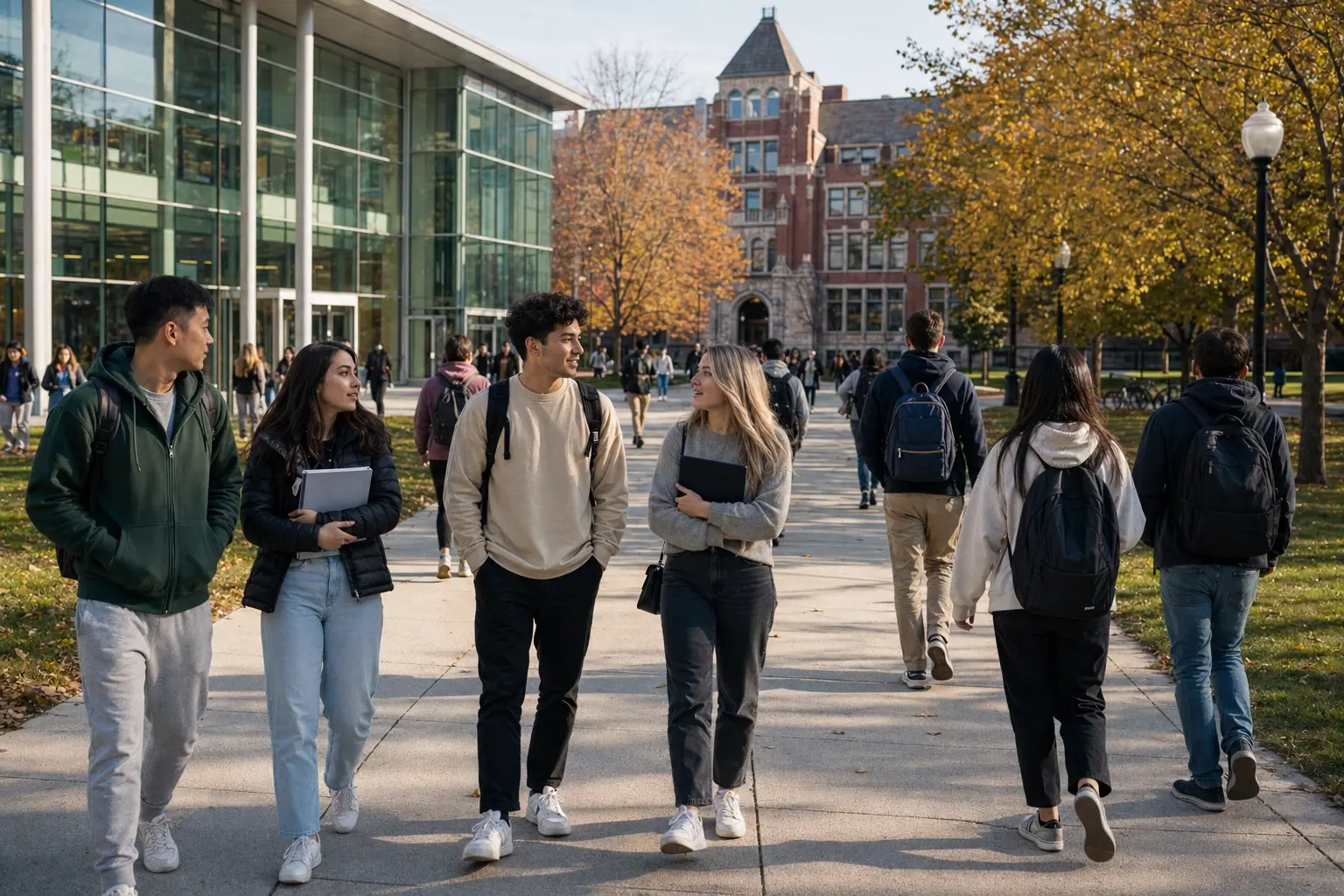 Internationale studenten op een Noord-Amerikaanse campus tijdens een universitaire immersie