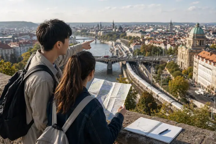 Studenci planujący wieloetapową trasę między kilkoma destynacjami międzynarodowymi