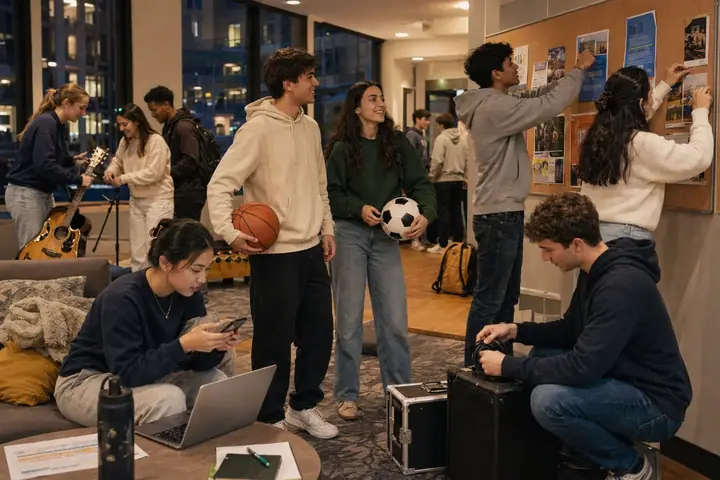 Vita studentesca in una residenza e negli spazi comuni di un campus in Nord America