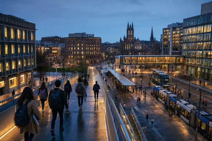 Moderne Britse universiteitswijk verbonden met een vervoersknooppunt, met studentenmobiliteit