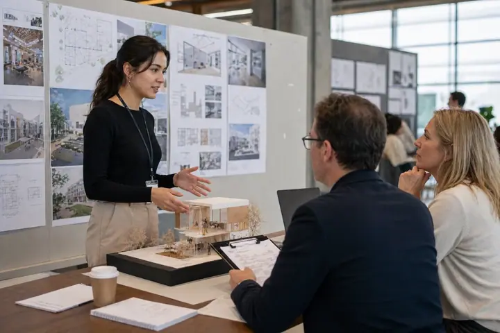 Studentka przedstawiająca projekt przed akademickim jury oceniającym