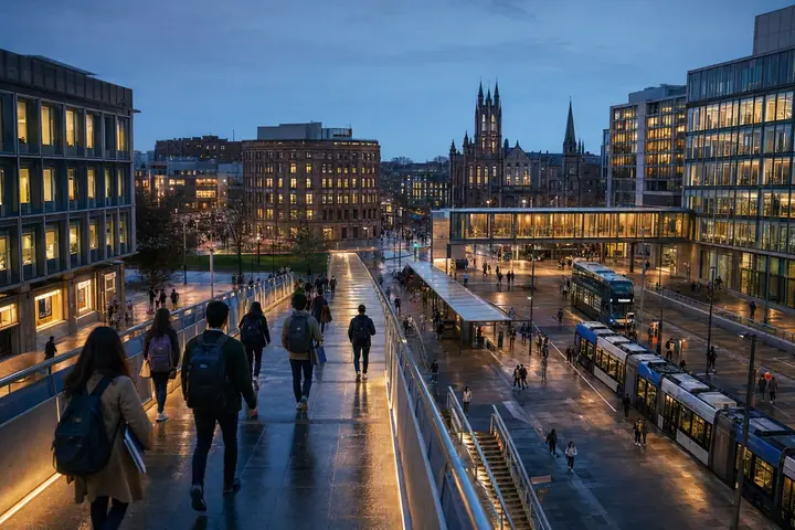 Nowoczesna brytyjska dzielnica uniwersytecka połączona z węzłem transportowym, z mobilnością studentów