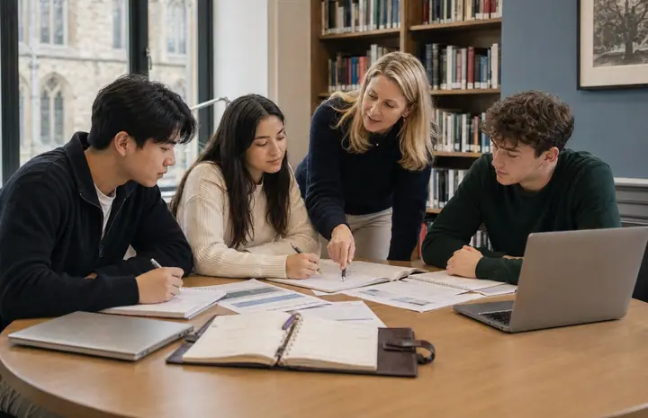 Studenten die werken aan academische methodologie met pedagogische begeleiding