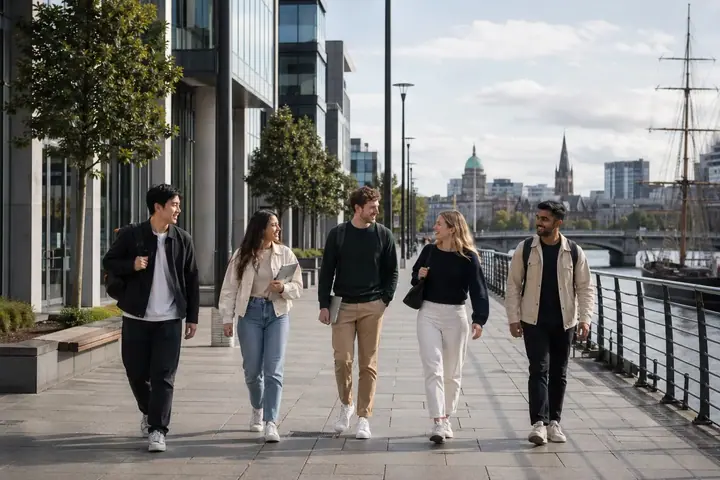 Studenti internazionali in mobilità a Dublino, sulle rive del fiume, nel contesto di un Business Gap Year