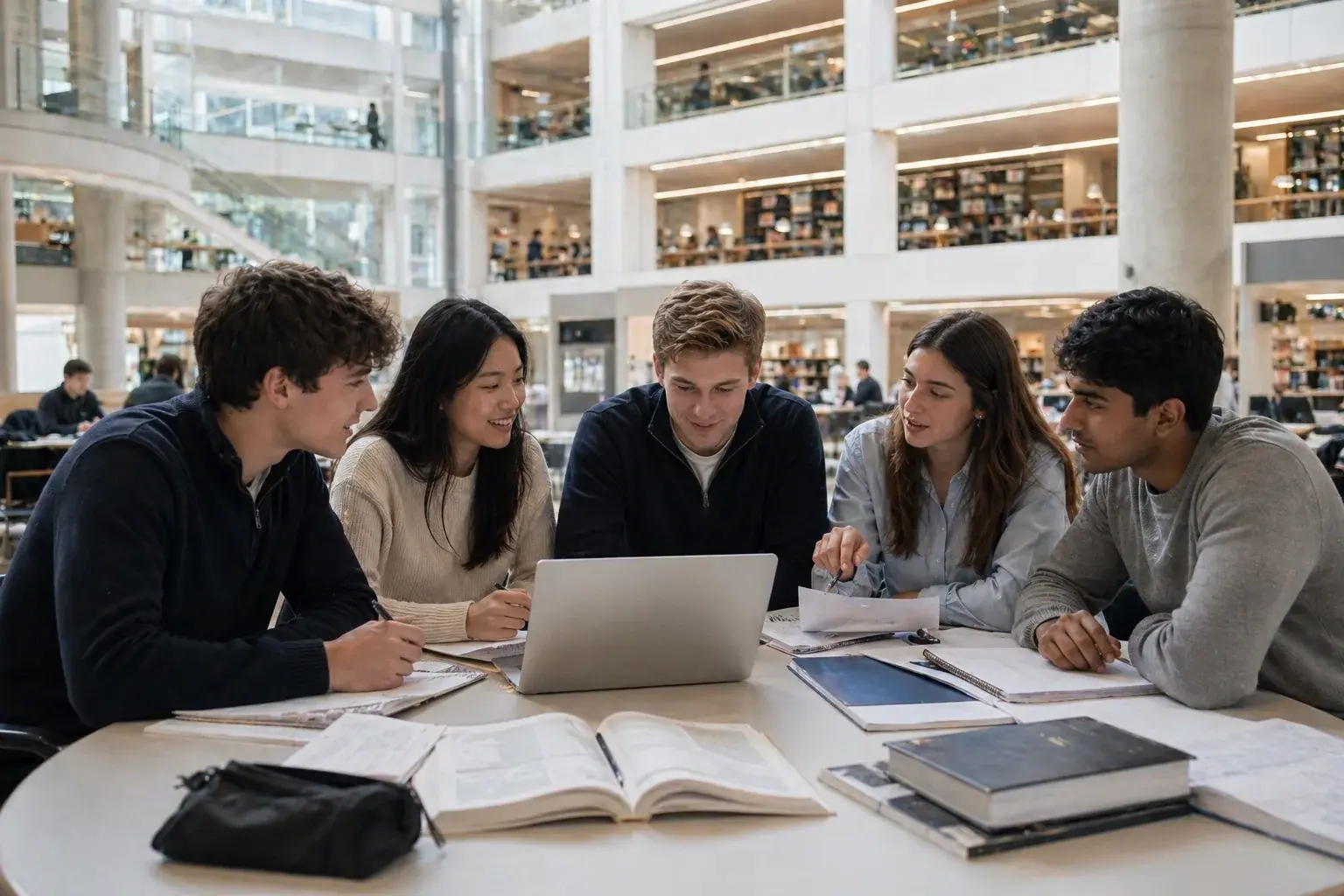 Studenci zagraniczni w przygotowaniu przeduniwersyteckim w wielkiej bibliotece kampusu