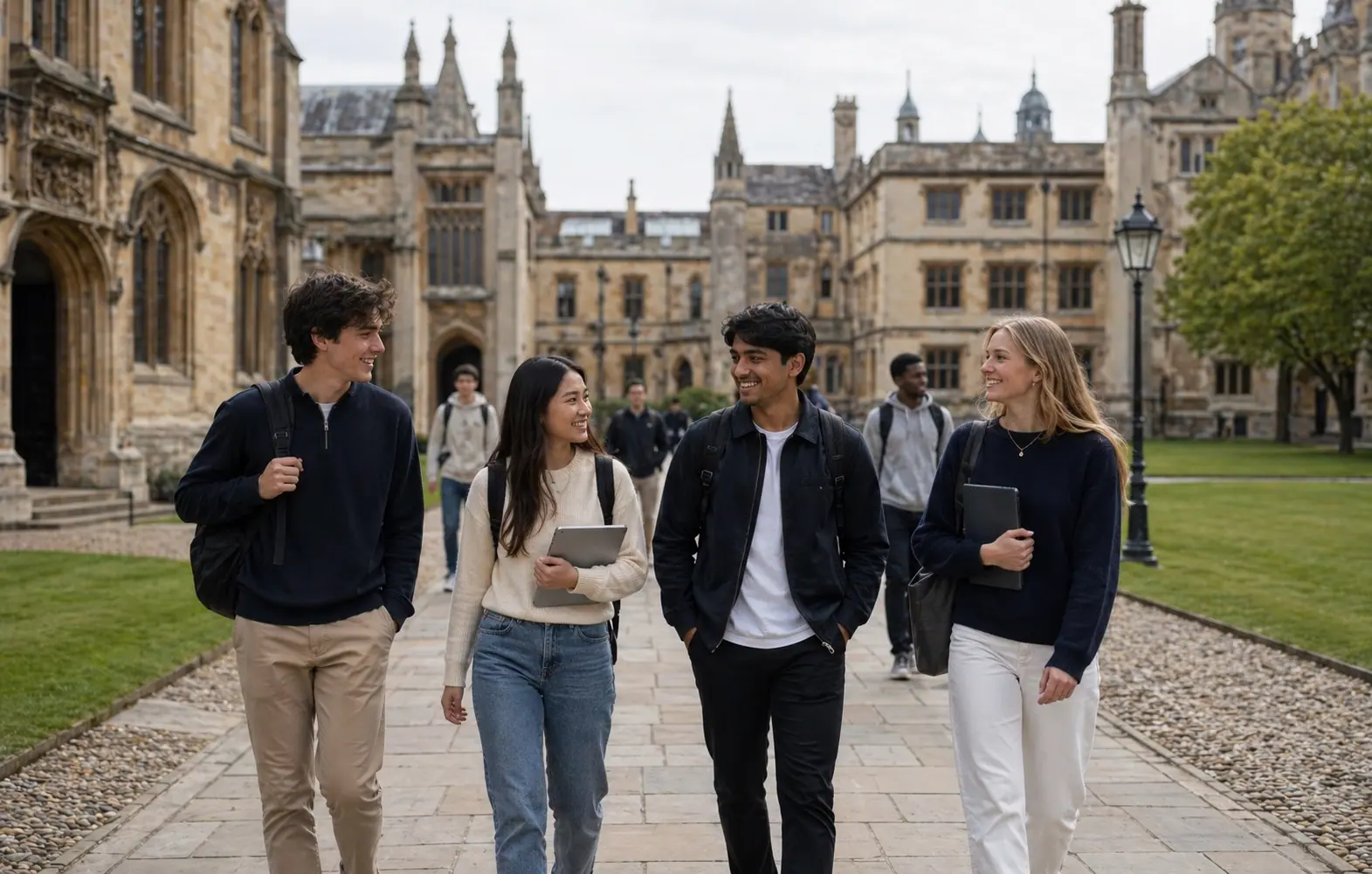 Internationale studenten op een campus van een Brits college in het Verenigd Koninkrijk