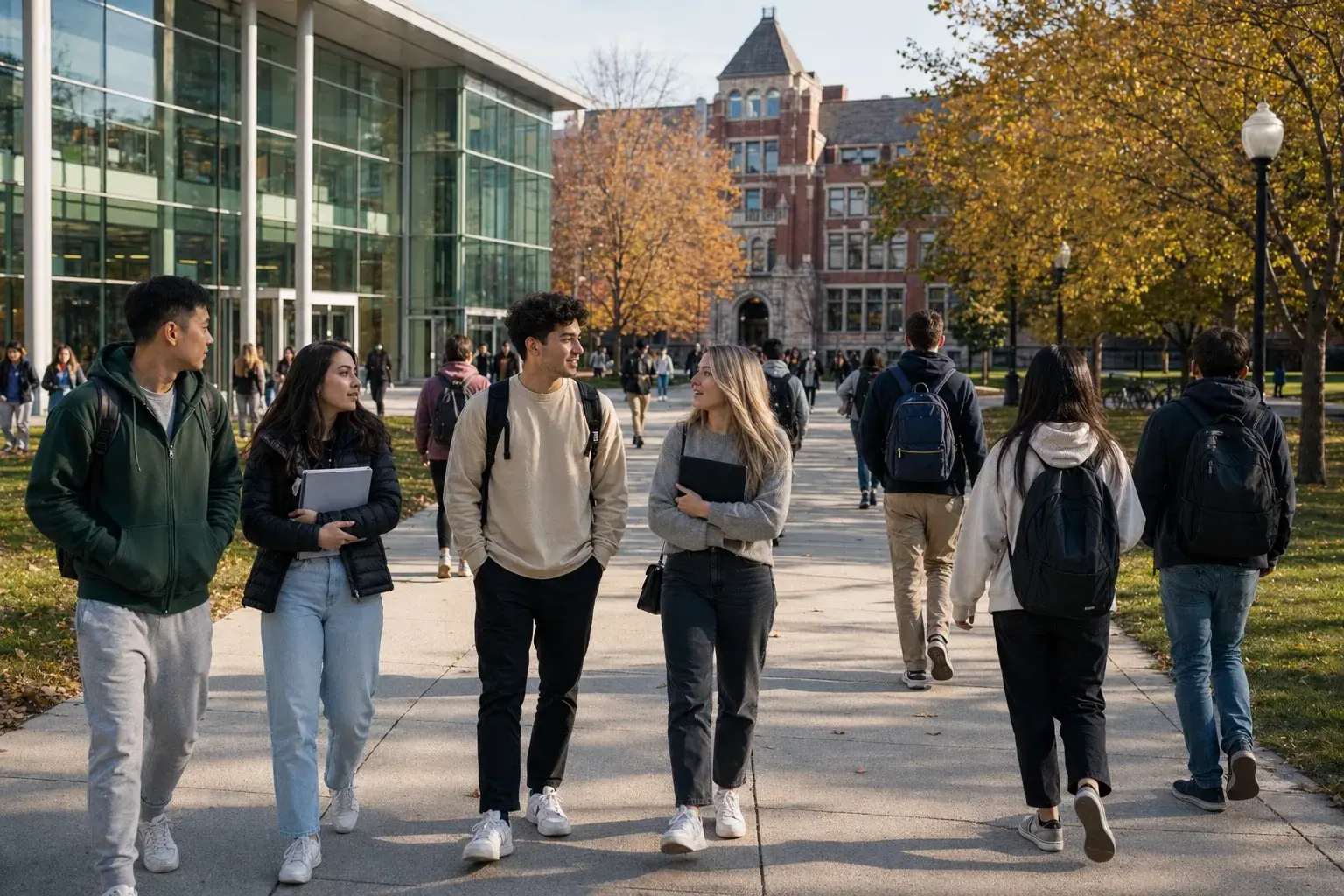Studenti internazionali in un campus nordamericano durante un'immersione universitaria