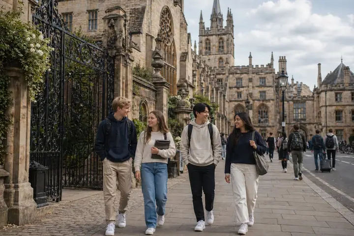 Studenti in una città universitaria britannica con architettura in pietra