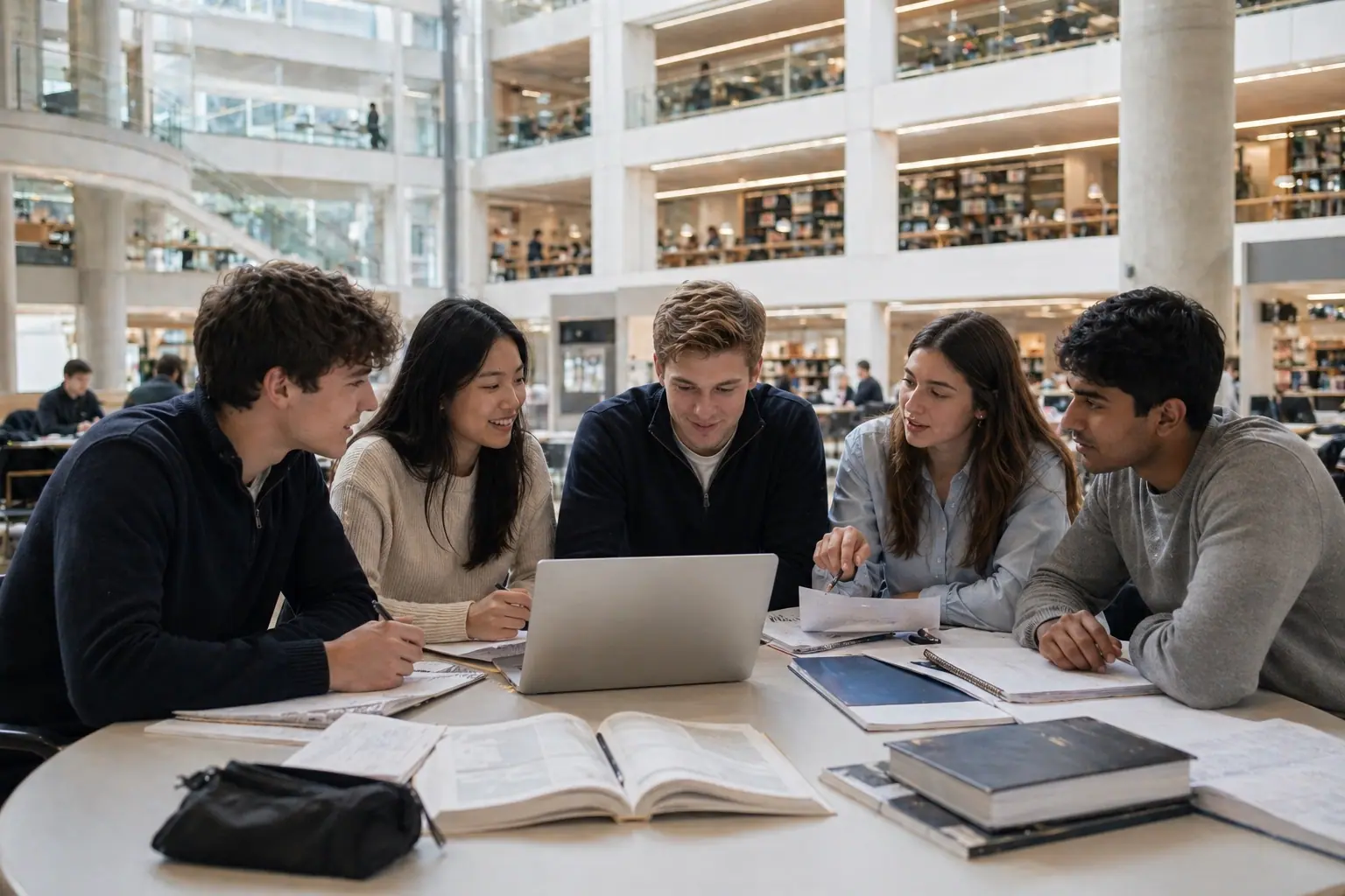 Internationale studenten in pre-universitaire voorbereiding in een grote campusbibliotheek