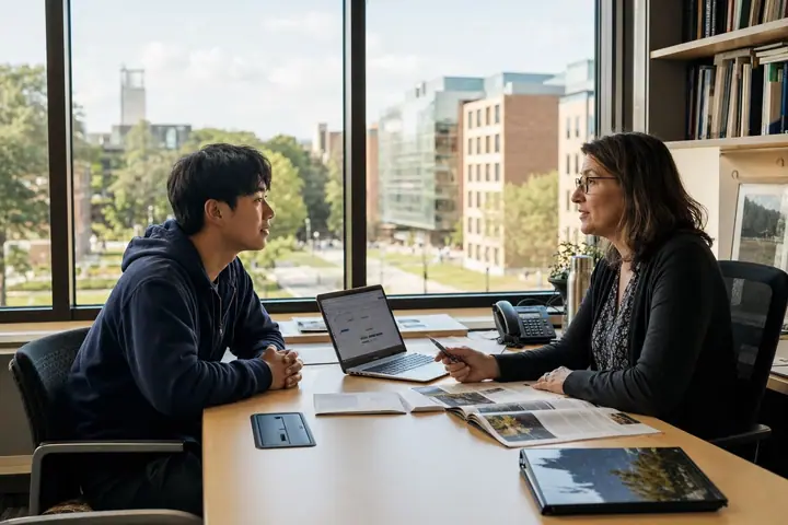 Colloquio di orientamento con una consulente accademica in un campus nordamericano