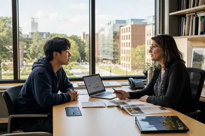 Studiekeuzegesprek met een academische adviseur op een Noord-Amerikaanse campus