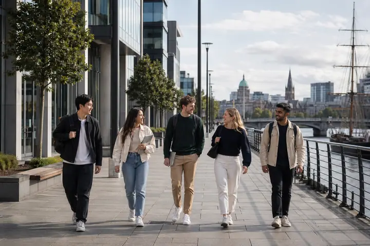 Internationale studenten op mobiliteit in Dublin aan de kaaien, in de context van een Business Gap Year