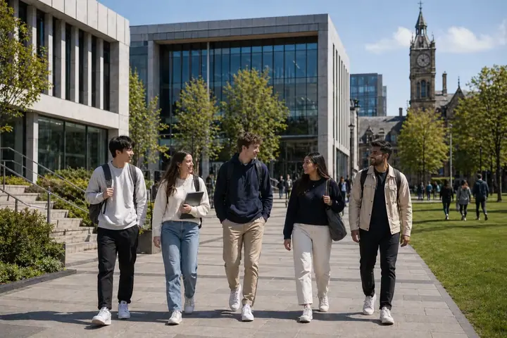 Studenci na nowoczesnym międzynarodowym kampusie w mieście uniwersyteckim
