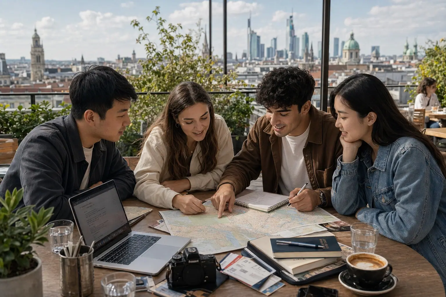 Jongvolwassenen die een meertalige route met meerdere bestemmingen voorbereiden tijdens een Gap Year