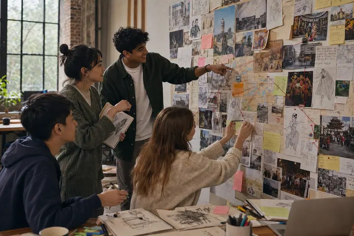 Internationale groep die samen een project opbouwt tussen verschillende culturen