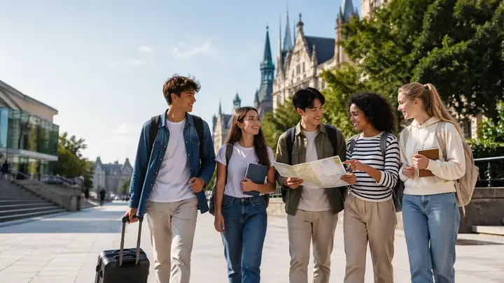 Studenci na międzynarodowej mobilności z mapą podróży