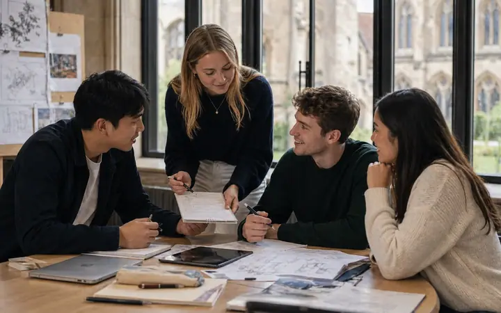 Studenti che lavorano in gruppo a un progetto scolastico in Inghilterra
